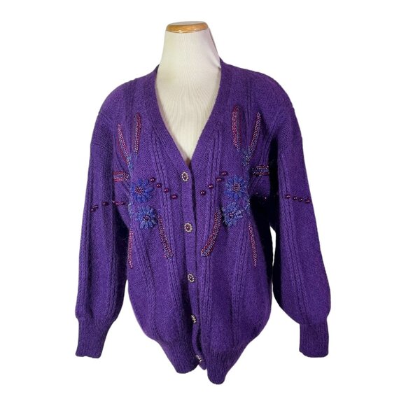 Vintage 80s Size M Shannan Purple Cardigan Beaded Acrylic Mohair Blend - Picture 1 of 13